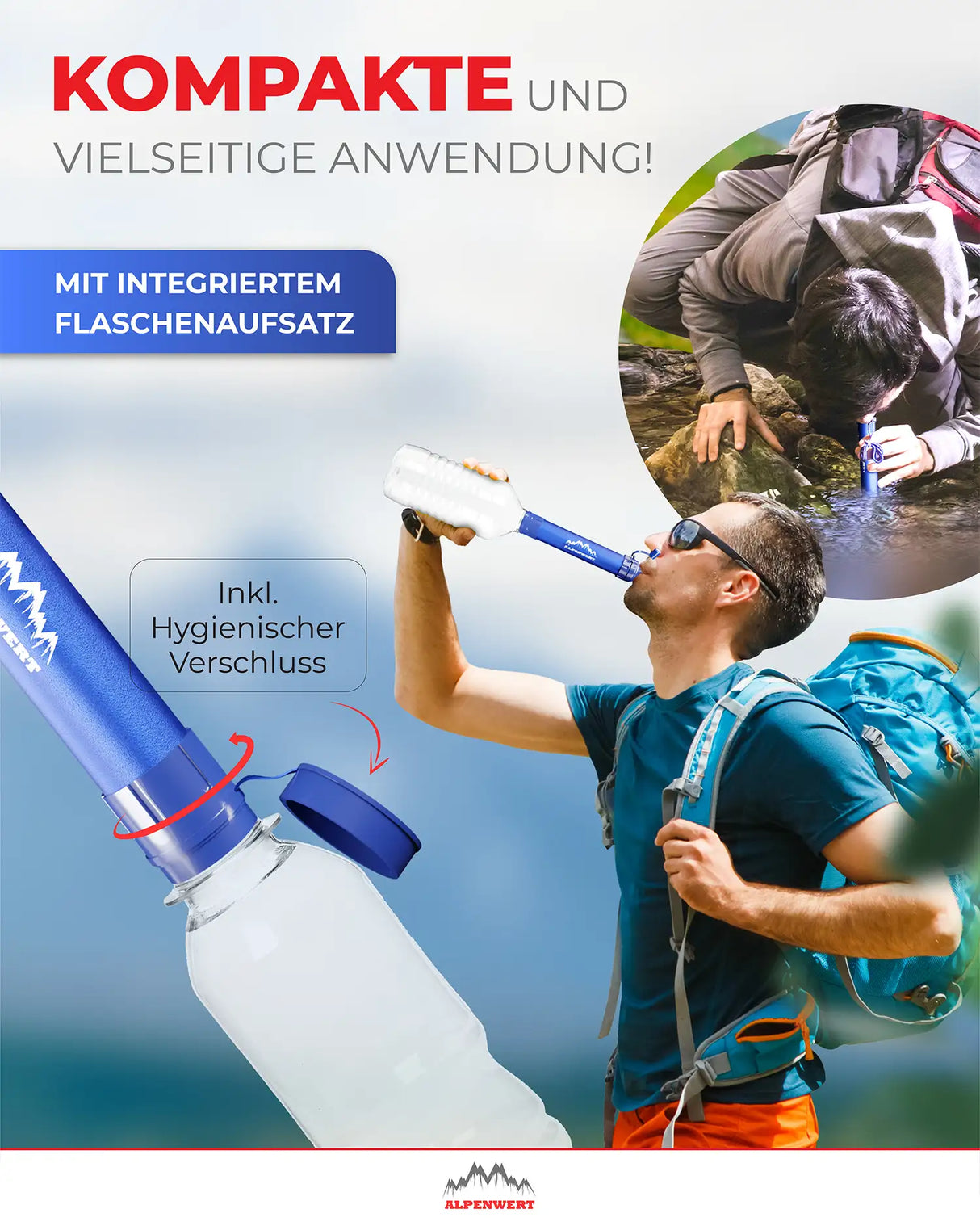 Wasserfilter Outdoor mit Flaschenaufsatz – trinkbares Wasser direkt aus der Flasche