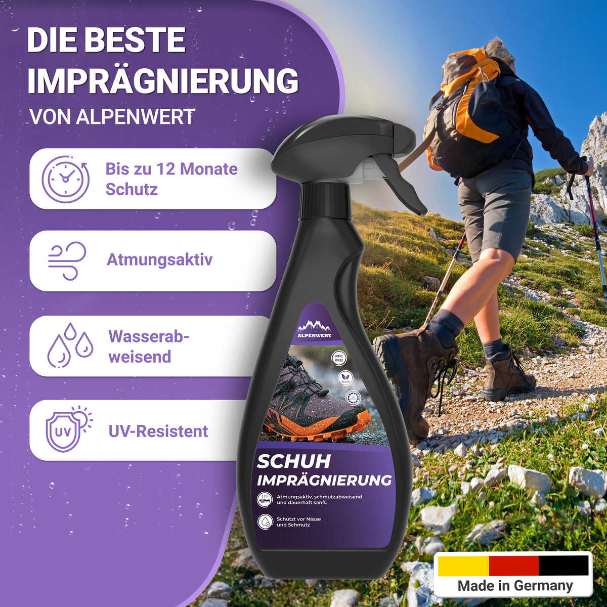 Alpenwert Schuhimprägnierung mit bis zu 12 Monaten Schutz, atmungsaktiv, wasserabweisend und UV-resistent