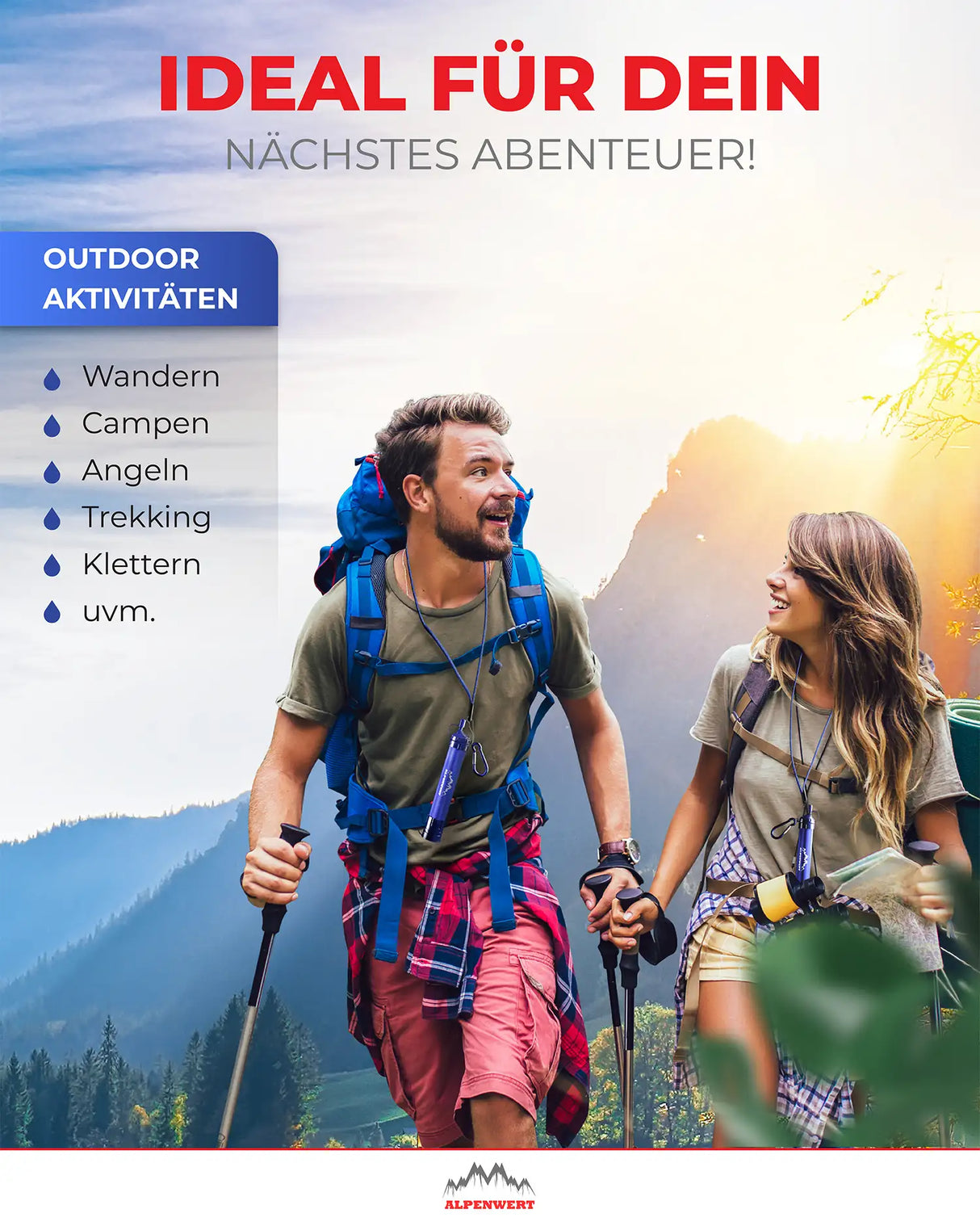 Abenteuerliche Szene mit Personen beim Wandern, Campen, Angeln und Trekking – alle nutzen den kompakten Outdoor Wasserfilter von Alpenwert für sauberes Trinkwasser unterwegs