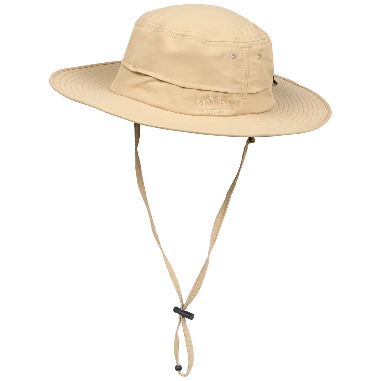 Beiger Sonnenhut als Freisteller, leichter Outdoor Sonnenhut für Damen und Herren mit breiter Krempe und verstellbarem Kinnband.