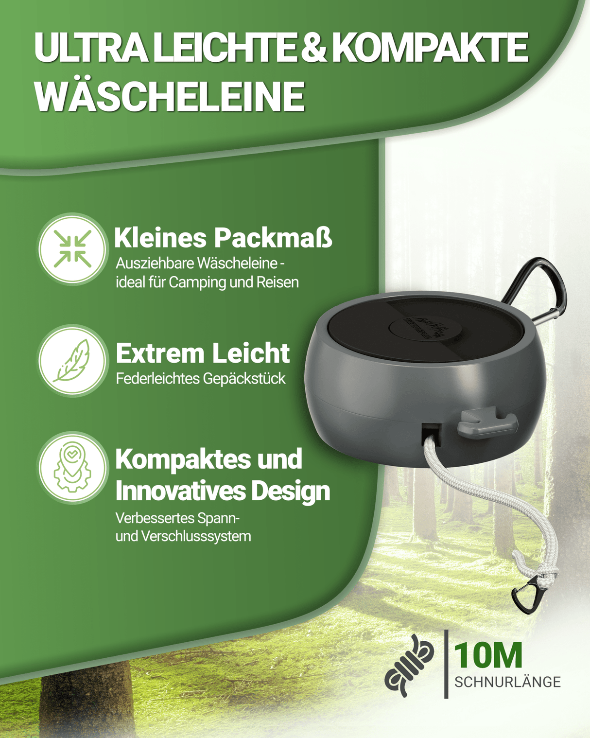 Wäscheleine ausziehbar 10 m – Leicht & kompakt für Camping - ALPENWERT