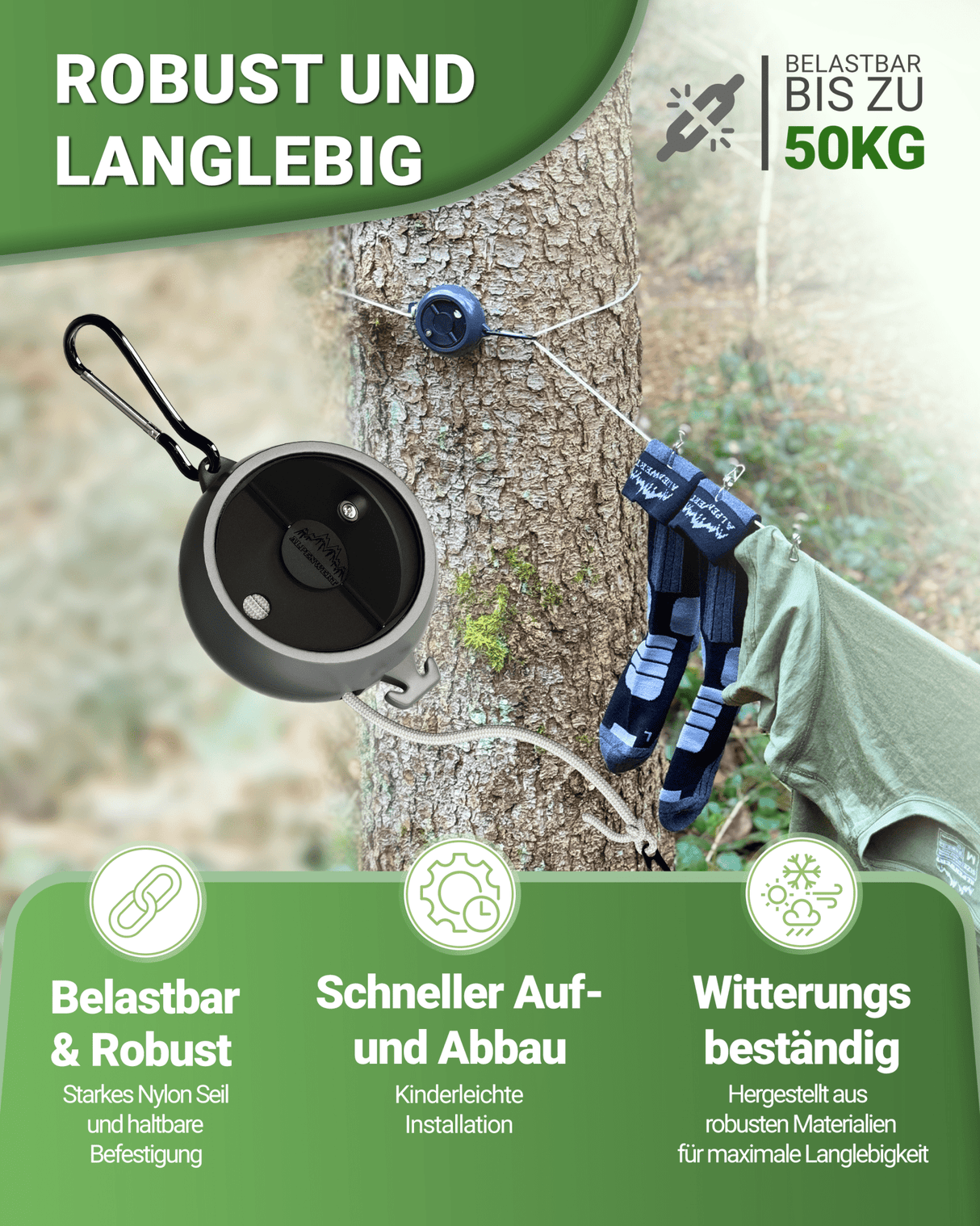 Wäscheleine ausziehbar 10 m – Leicht & kompakt für Camping - ALPENWERT