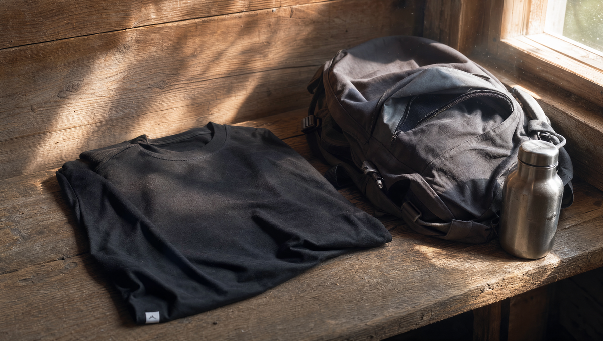 Gefaltetes schwarzes Merino-Shirt auf einer Holzbank in einer Berghütte neben Rucksack und Trinkflasche
