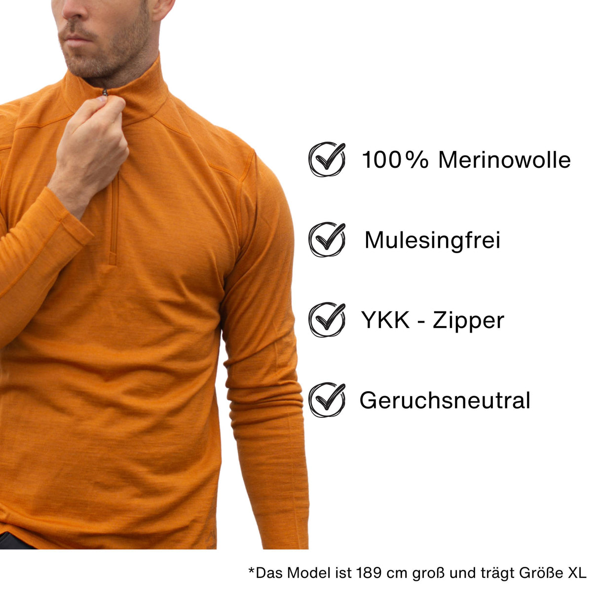 Langarmshirt Herren 100% Merino mit Zip