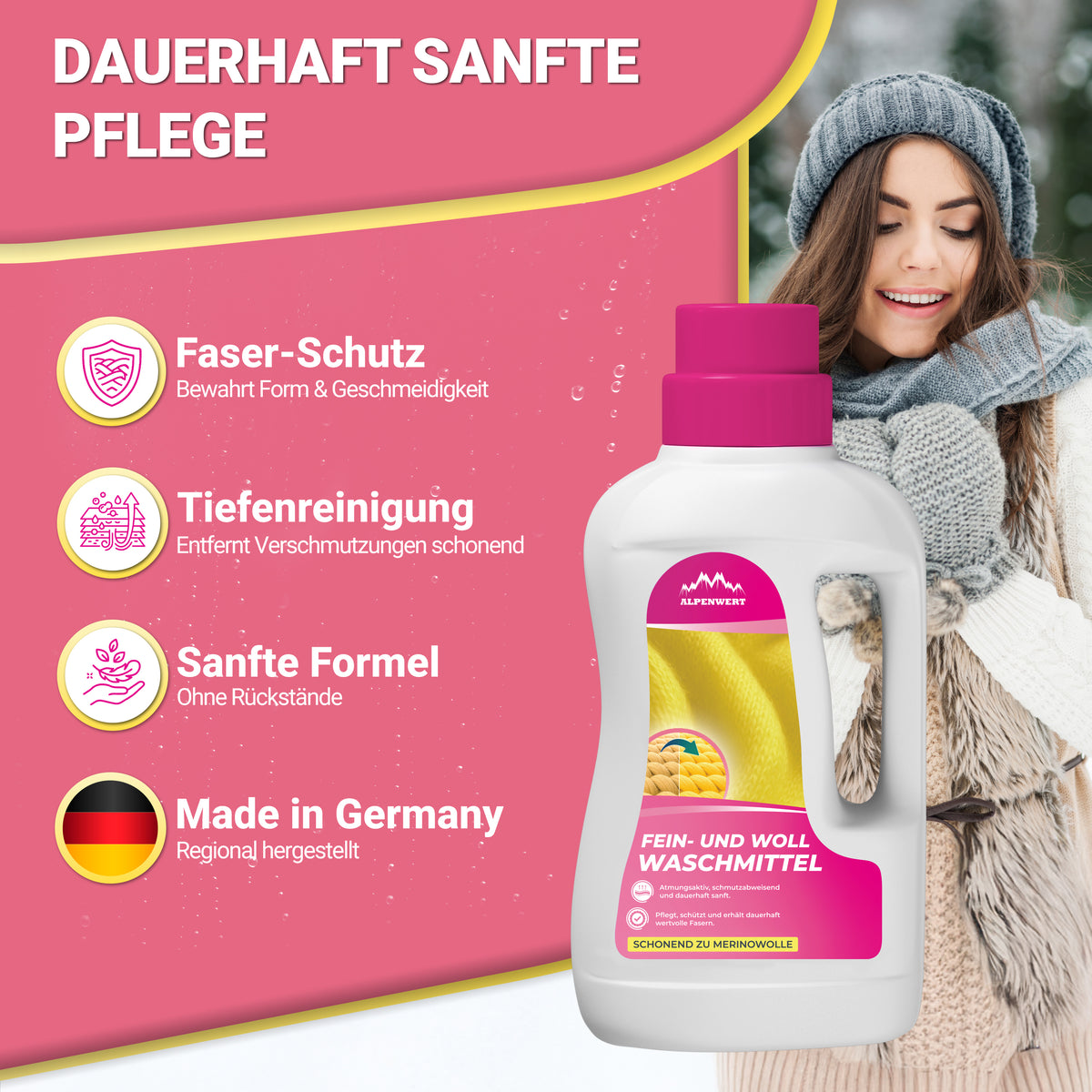 Wollwaschmittel für Merinowolle mit Faser-Schutz, Tiefenreinigung und sanfter Formel, Made in Germany