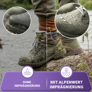 Wanderschuh ohne und mit Alpenwert Schuhimprägnierung im Vergleich – Wasser perlt sichtbar ab