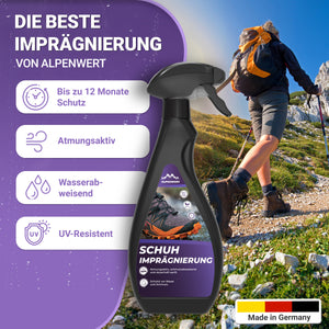 Alpenwert Schuhimprägnierung mit bis zu 12 Monaten Schutz, atmungsaktiv, wasserabweisend und UV-resistent