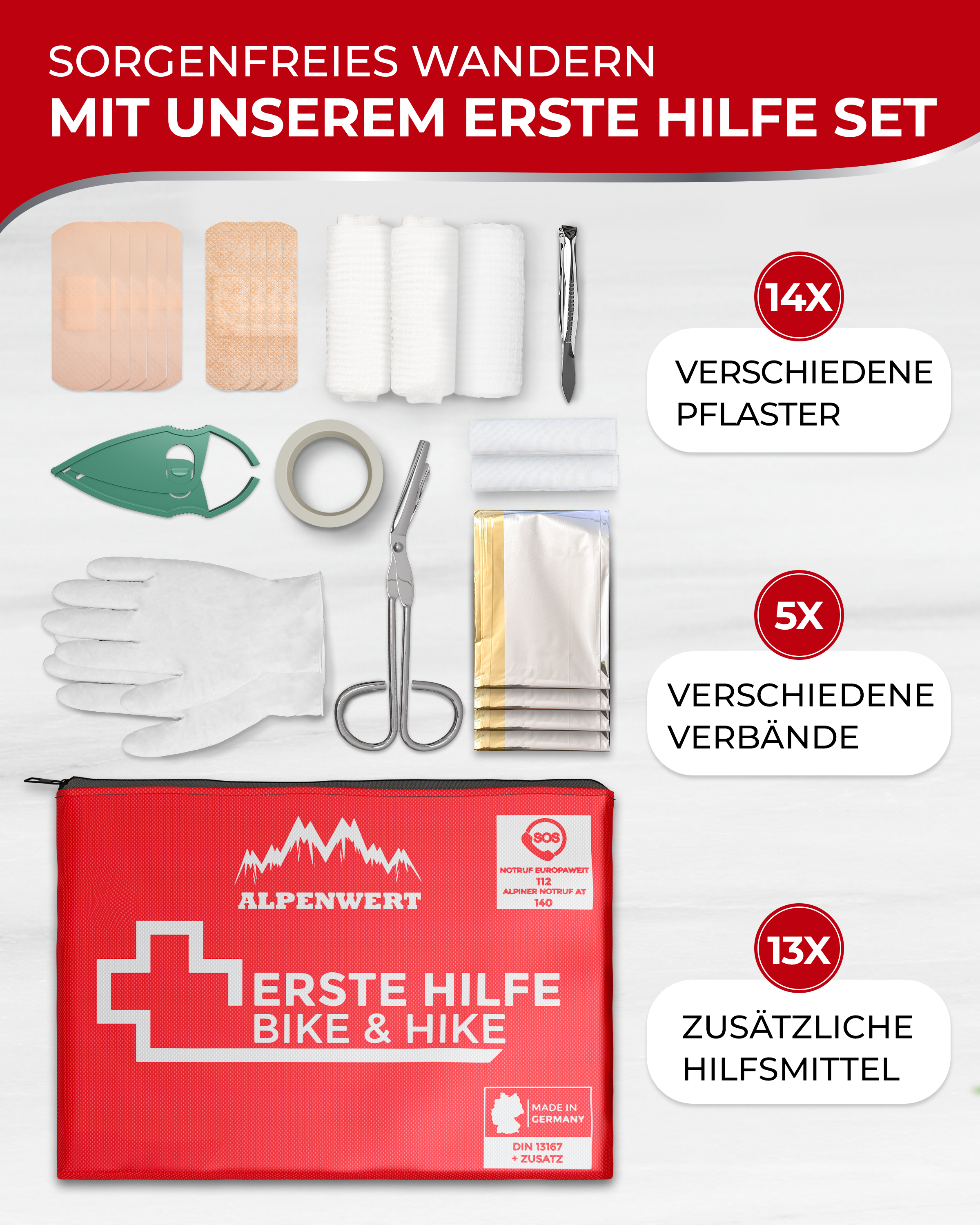 Erste Hilfe Set für Outdoor & Fahrrad mit Zeckenzange