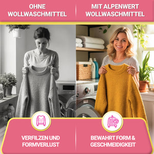 Strickpullover ohne und mit Alpenwert Wollwaschmittel im Vergleich – kein Verfilzen, keine Formverluste