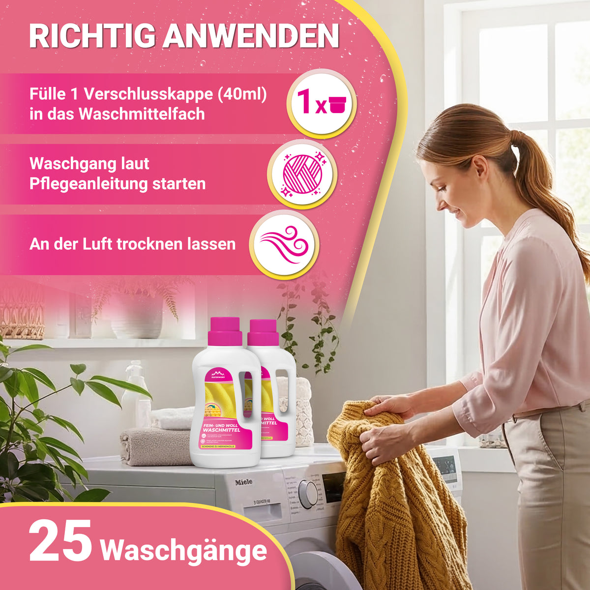 Wollwaschmittel richtig anwenden: 40 ml dosieren, Wollwaschgang starten, an der Luft trocknen lassen