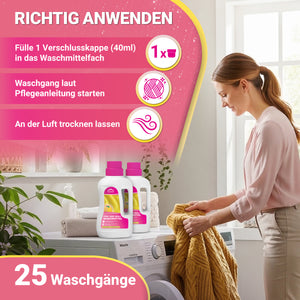 Wollwaschmittel richtig anwenden: 40 ml dosieren, Wollwaschgang starten, an der Luft trocknen lassen