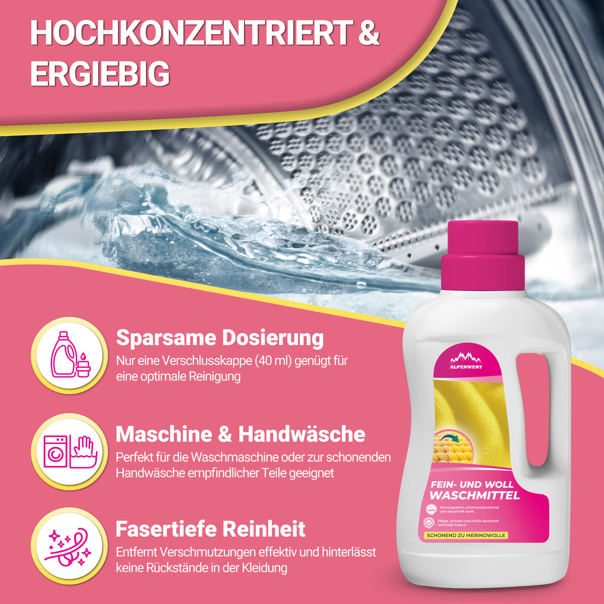 Hochkonzentriertes Wollwaschmittel für Maschinen- und Handwäsche mit sparsamer 40-ml-Dosierung