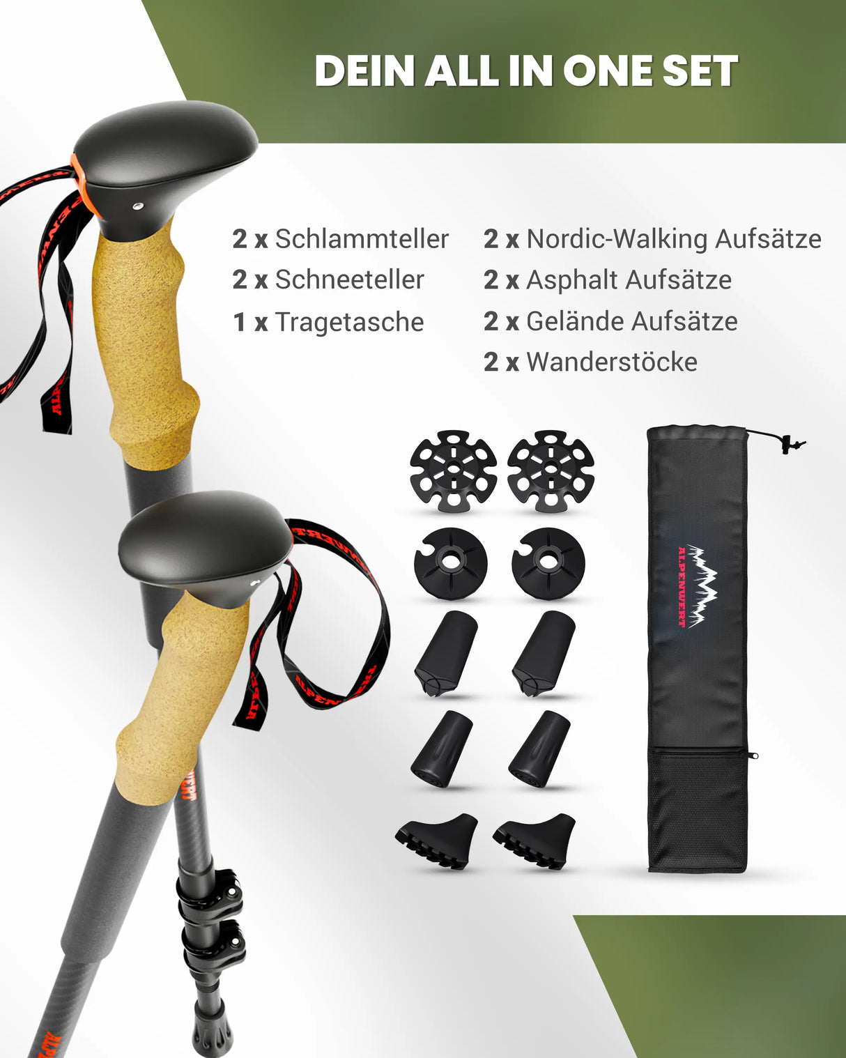 Komplettset mit Teleskop Wanderstöcken, Tragetasche, Aufsätzen und Schneetellern für jedes Outdoor-Abenteuer