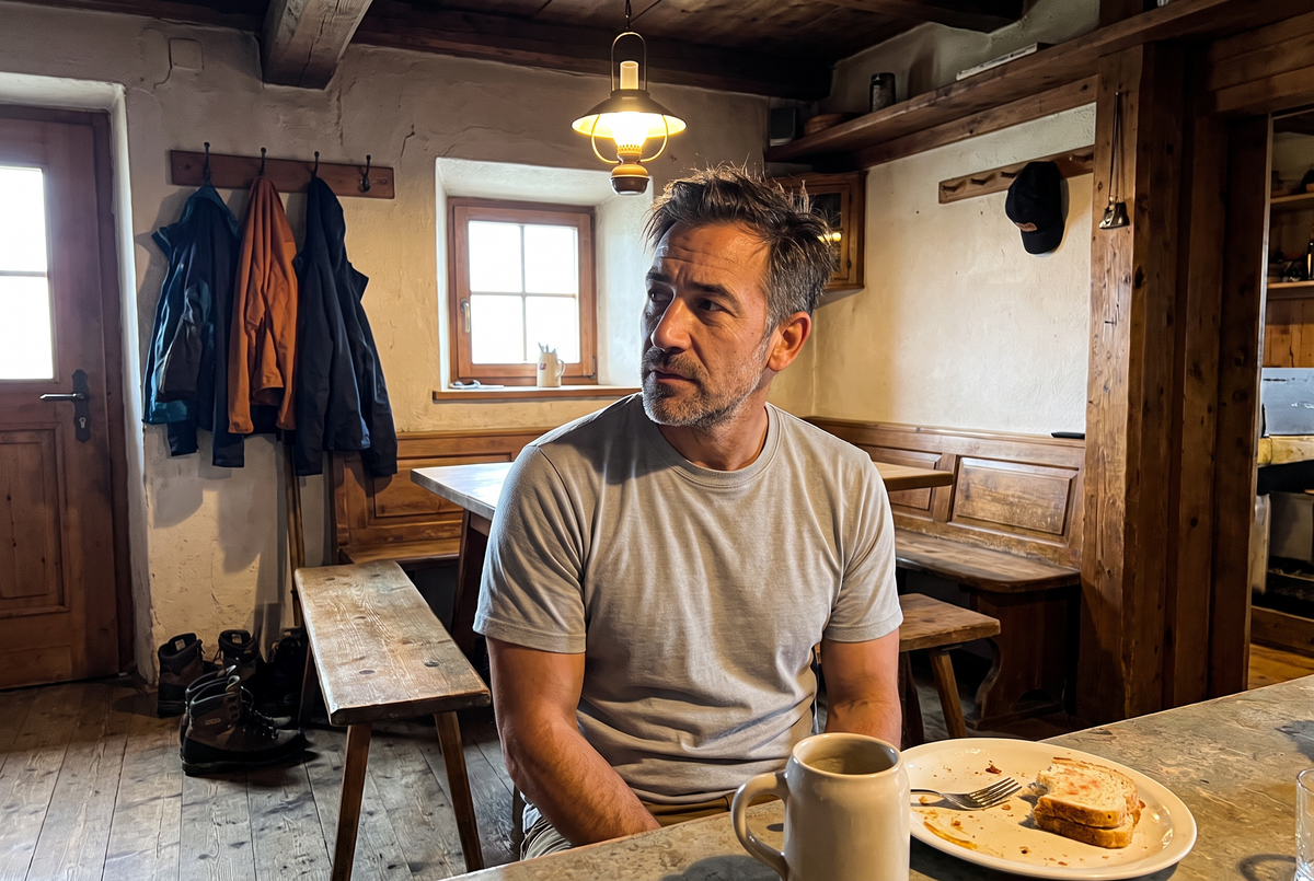 Wanderer im Berghuettenraum im Merino Shirt