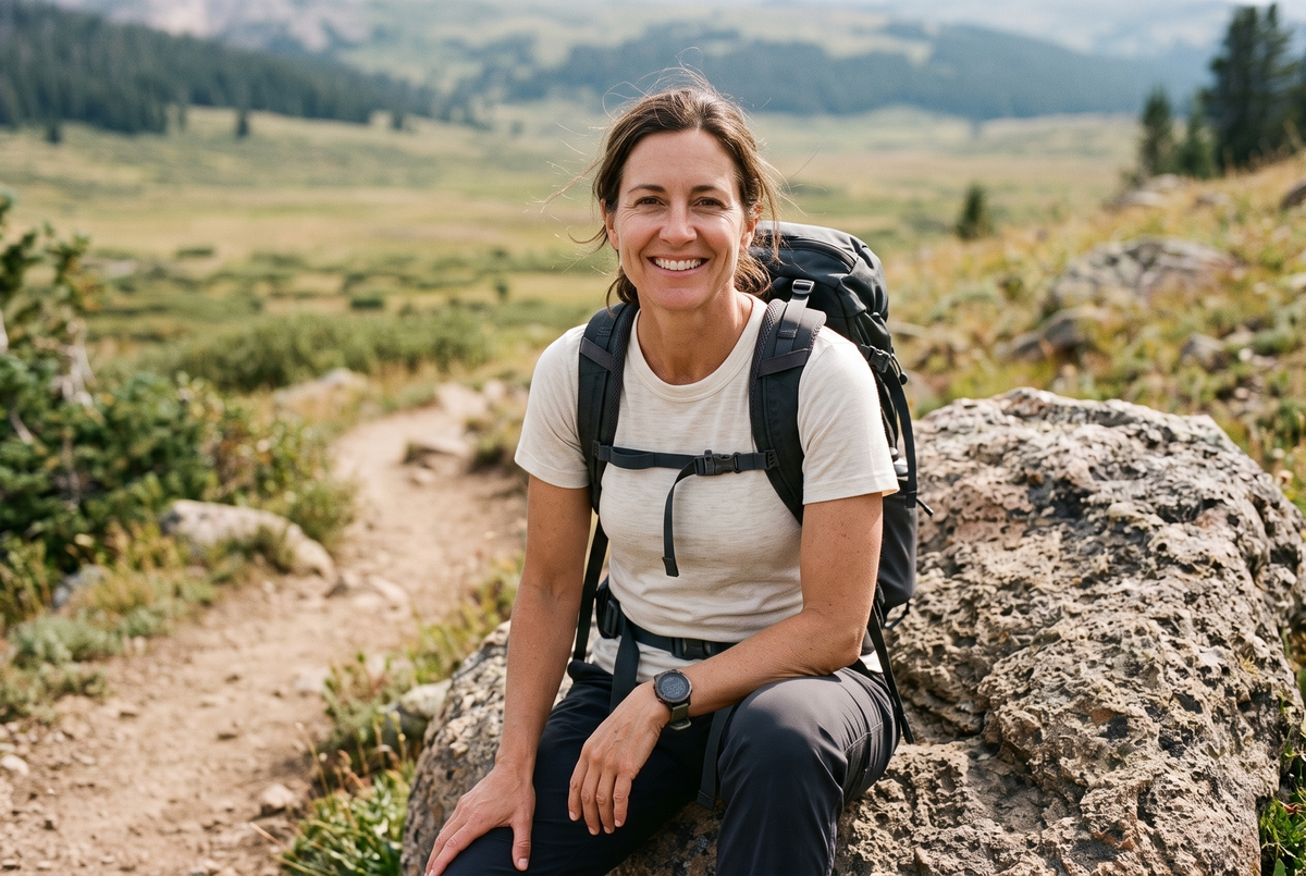 Wanderin im weichen Merino Shirt mit Rucksack
