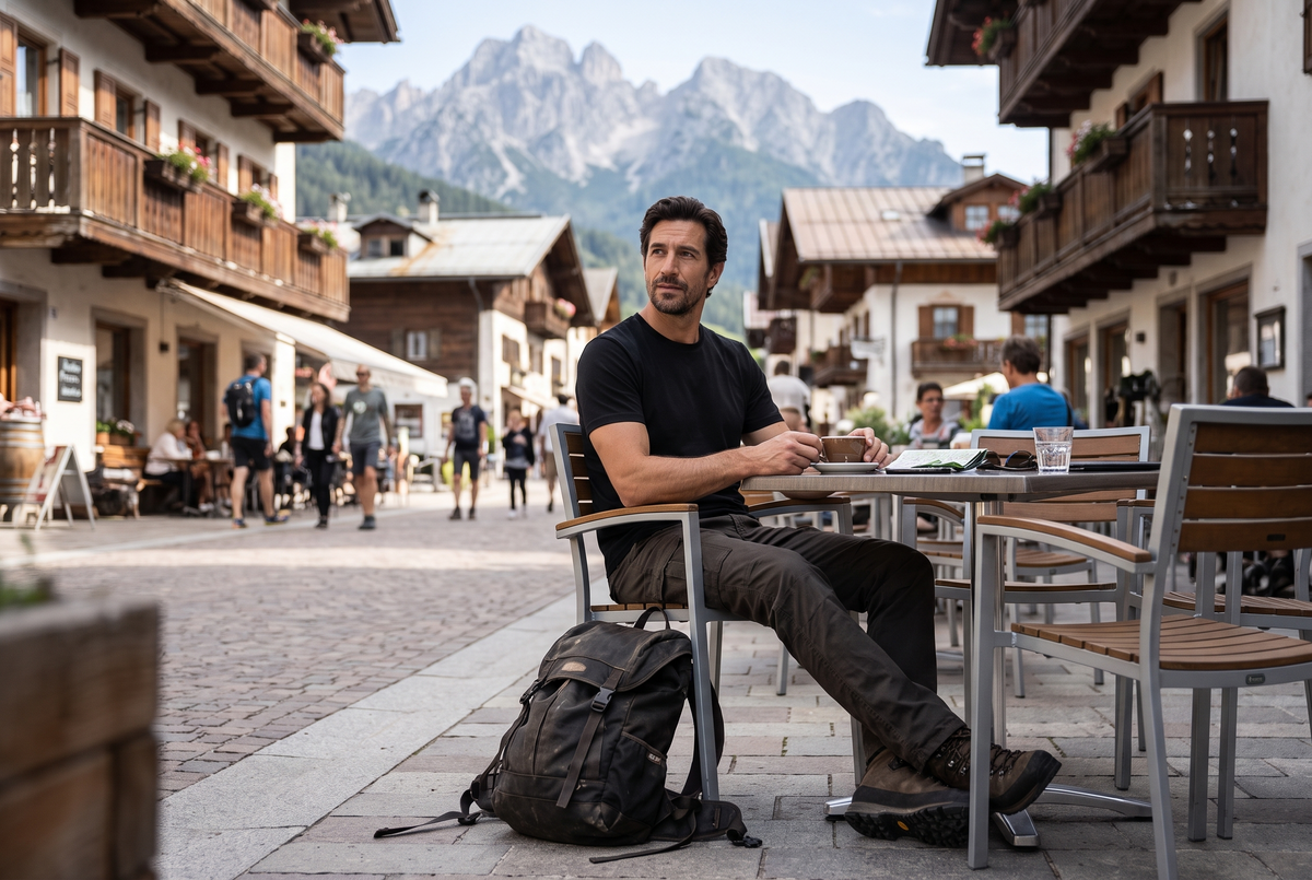 Mann im Merino Shirt auf einer Cafeterrasse im Bergdorf