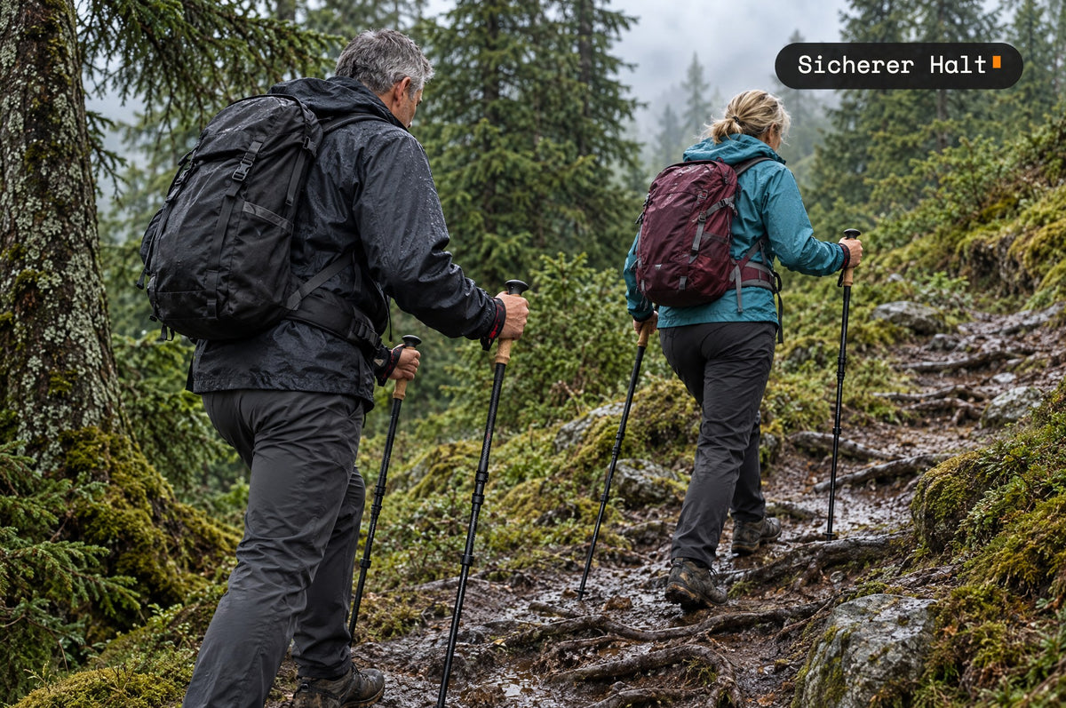 Wanderpaar mit Stöcken auf nassem Wurzelpfad