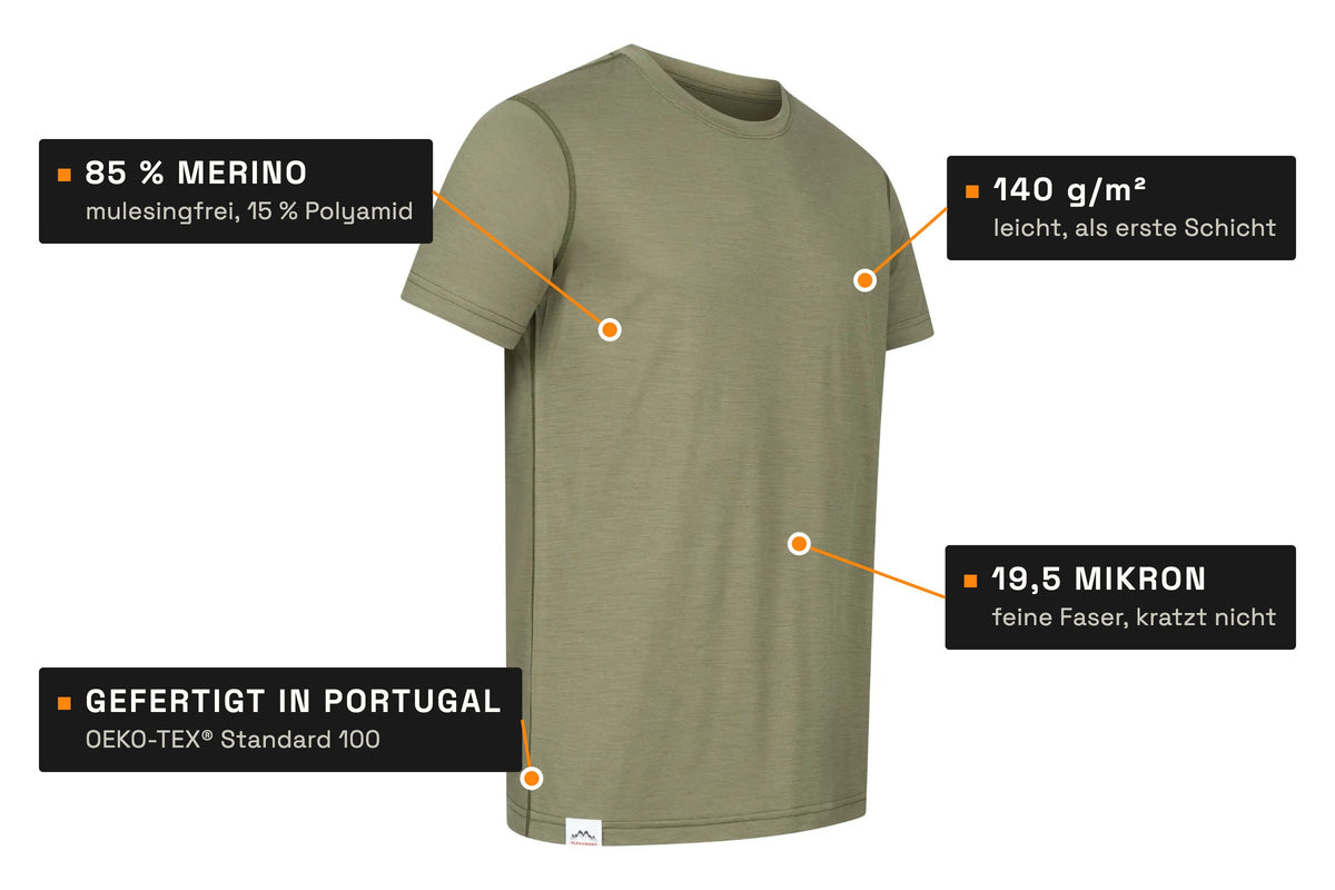 Merino Shirt Herren: 85 % Merino, 140 g/m², 19,5 Mikron, gefertigt in Portugal
