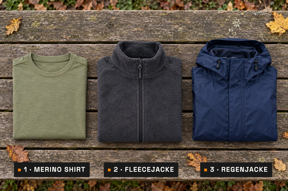Drei Schichten: Merino Shirt, Fleecejacke, Regenjacke