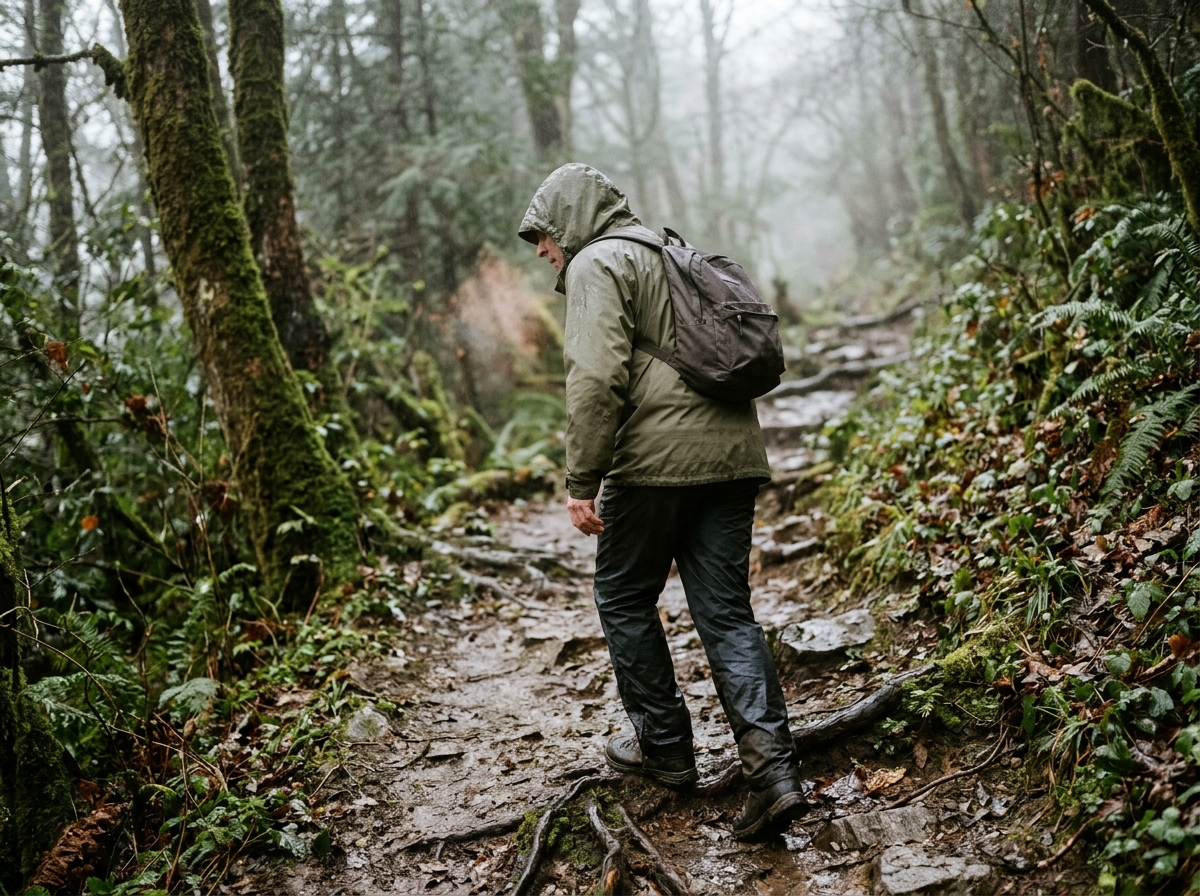 Wanderer im Aufstieg mit atmungsaktiver Regenjacke bei Nieselregen