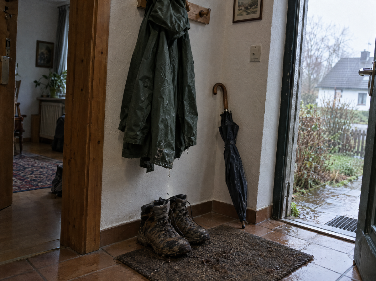 Outdoor-Garderobe aus Regenjacke, Fleece und Skijacke zum Pflegen bereit