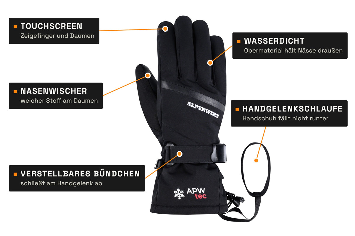 Alpenwert Skihandschuh: Touchscreen, Nasenwischer, Bündchen, wasserdicht, Handgelenkschlaufe