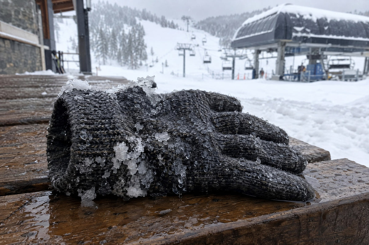 Durchnässter Strickhandschuh mit Schnee auf einer Liftbank