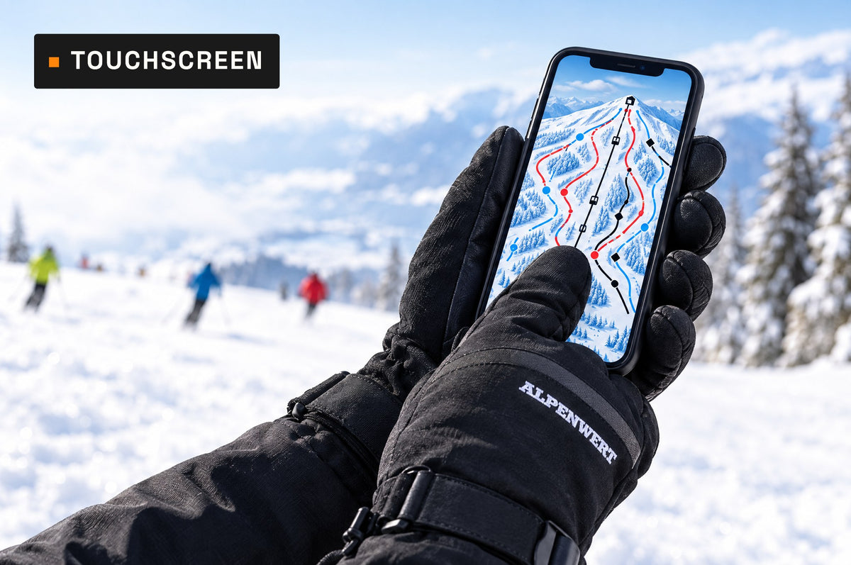 Daumen im Skihandschuh bedient die Pistenkarte am Handy