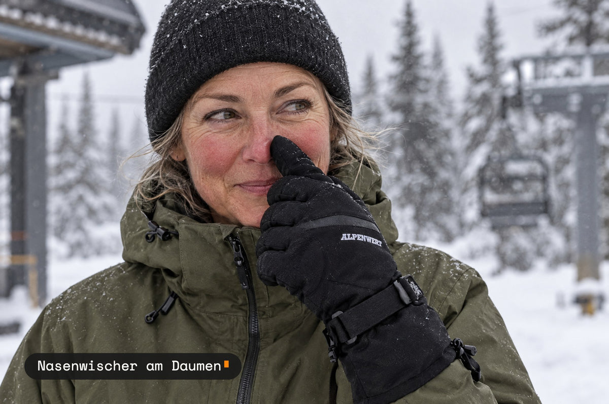Nasenwischer am Daumen des Skihandschuhs