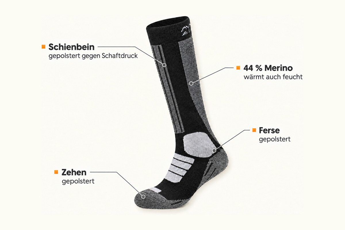 Alpenwert Skisocke Merino: Polster an Schienbein, Ferse und Zehen, 44 % Merino