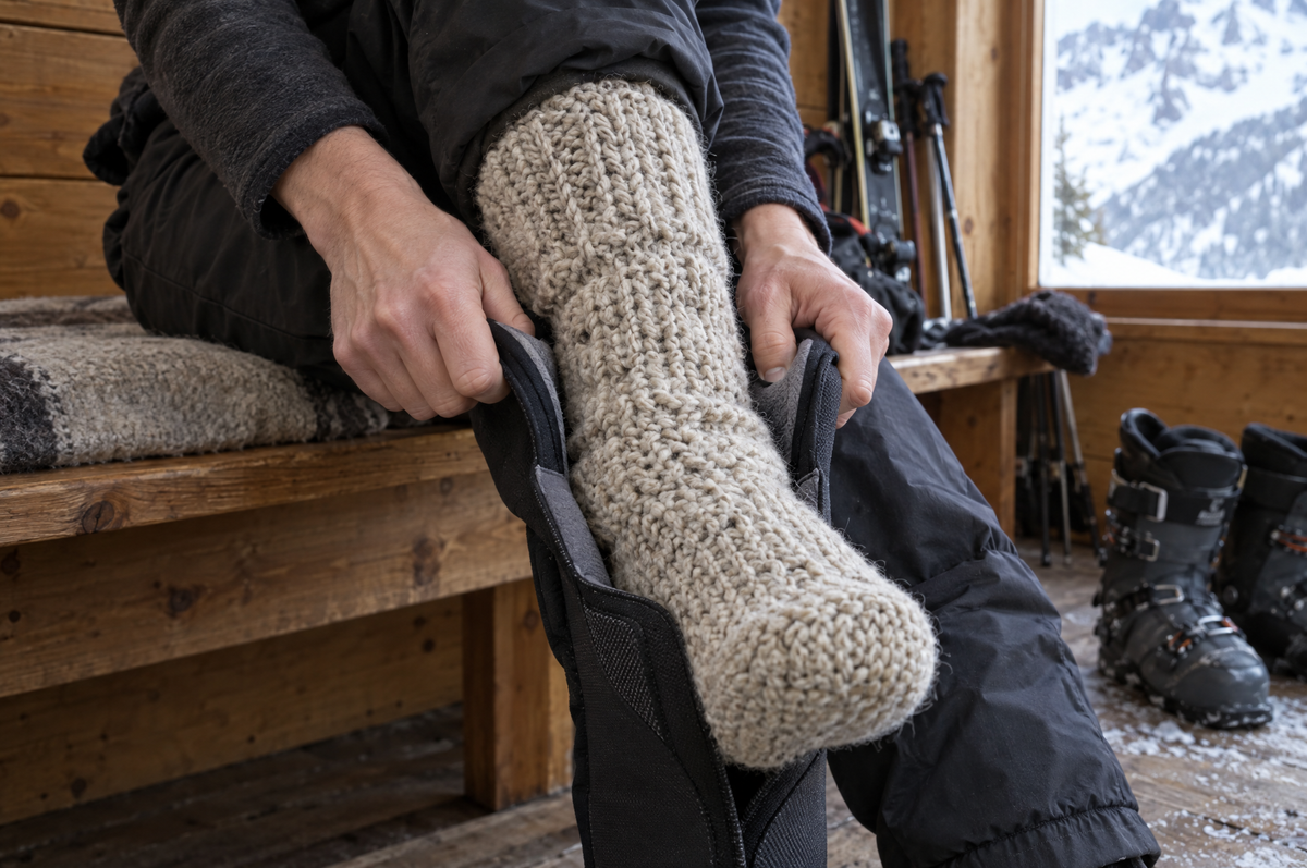 Fuß mit dicker Strick-Wollsocke passt nicht in den schmalen Skischuh-Innenschuh
