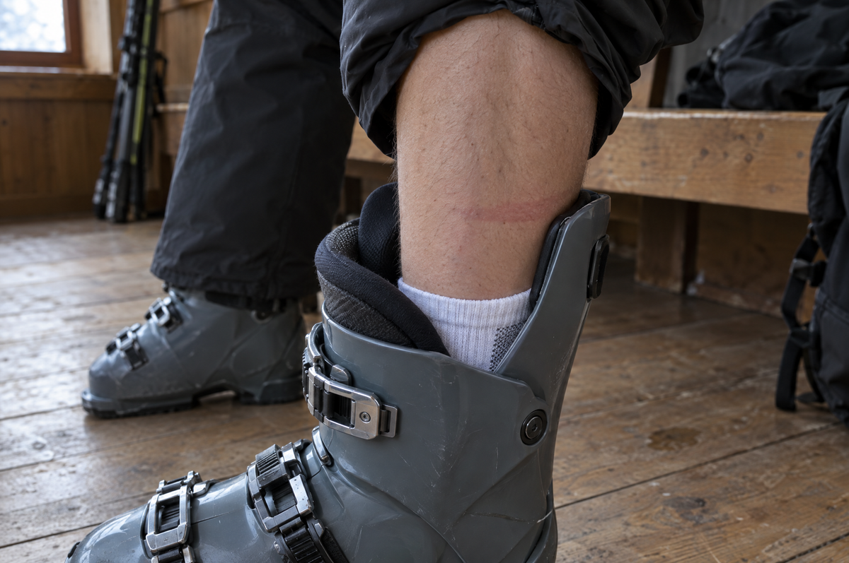 Kurze Sportsocke im Skischuh, der Schaft drückt aufs Schienbein
