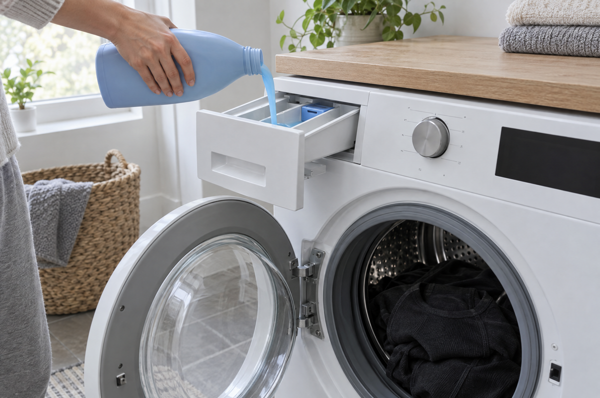 Weichspüler wird in die Waschmaschine mit Funktionswäsche gegossen