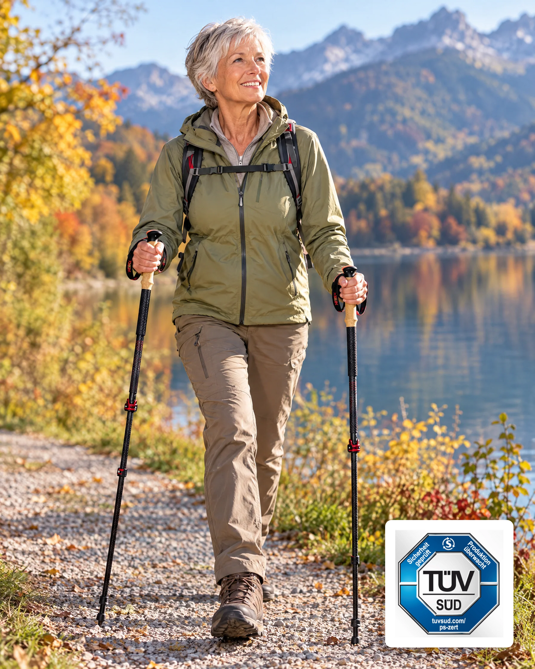 Frau über 60 mit faltbaren Carbon-Wanderstöcken, TÜV-SÜD-Prüfzeichen