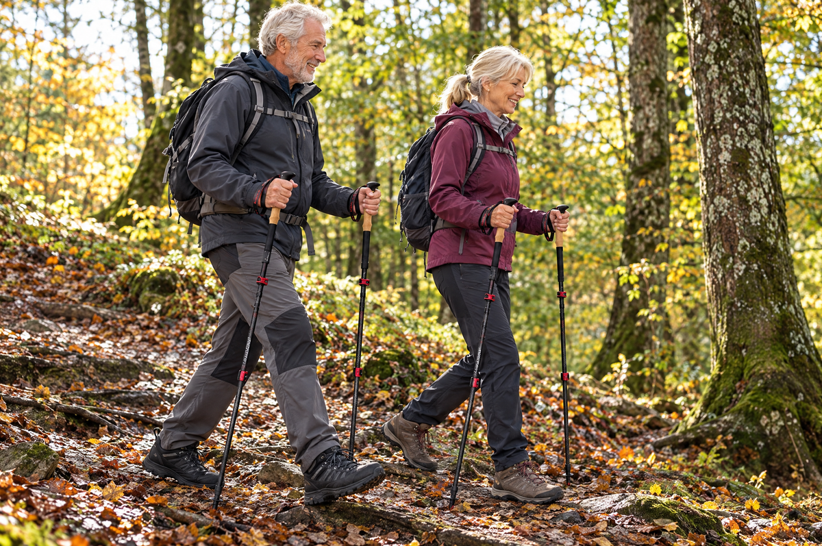 Paar über 60 geht mit Wanderstöcken einen Waldweg bergab