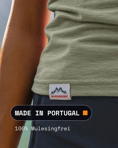 Etikett am Saum: Made in Portugal, 100 % mulesingfrei