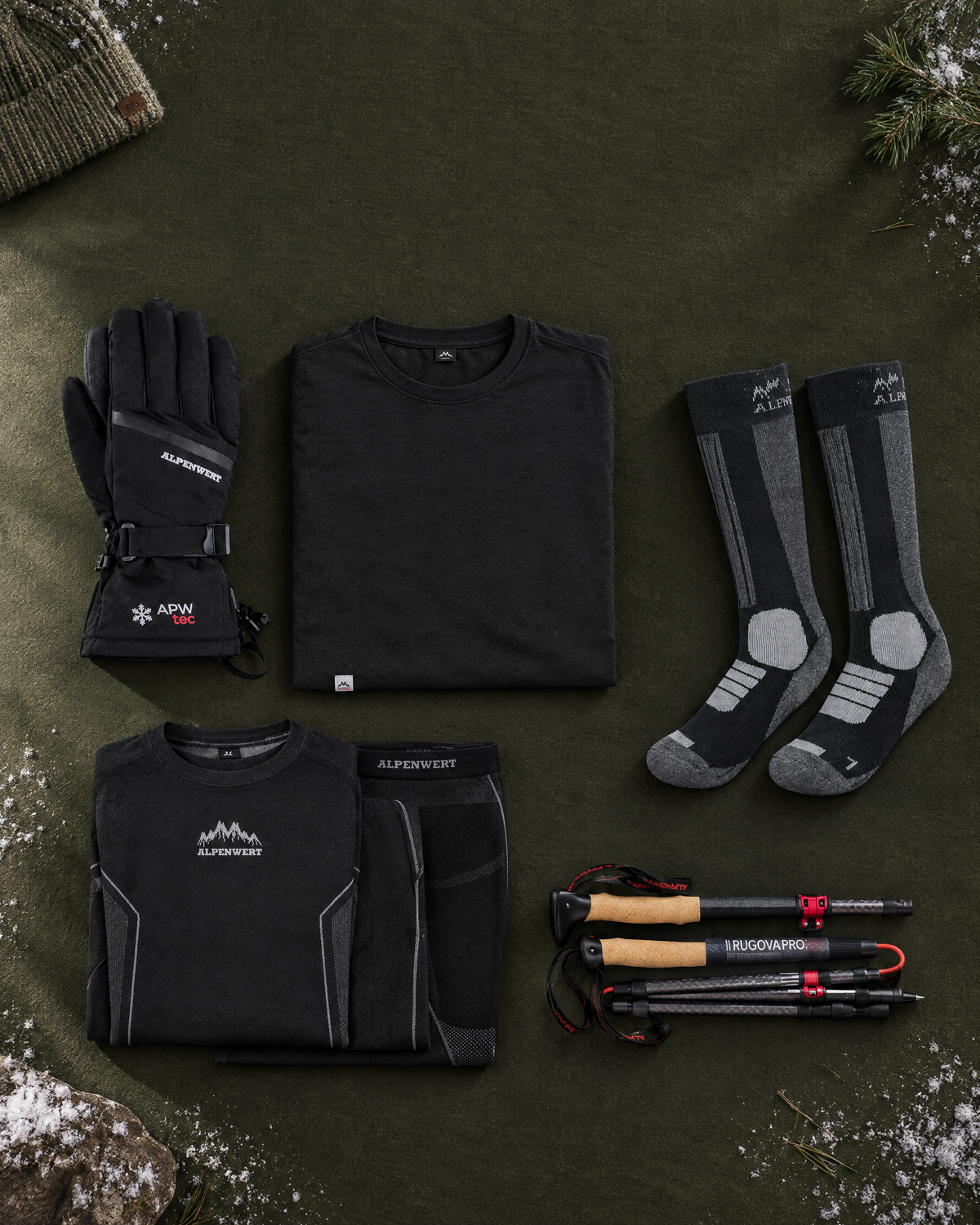 Alpenwert Winter-Ausrüstung: Skihandschuhe, Merino-Shirt, Skisocken, Thermounterwäsche und Wanderstöcke