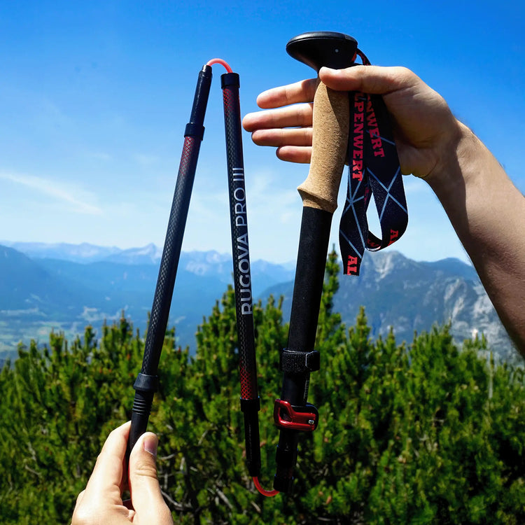 Faltbare Wanderstöcke in der Hand mit Bergpanorama, leichte Trekkingstöcke faltbar für Wanderer und Outdoor Abenteuer.